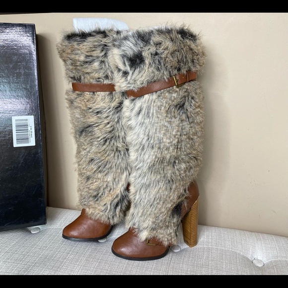 Colin Stuart Cognac Fur Knee High Boots - Picture 2 of 14